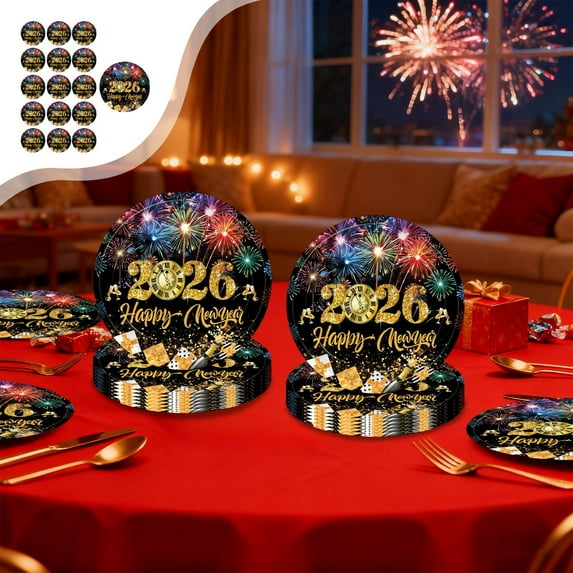 Uutvery 20 Pcs Black Gold New Year Tableware Set, 2026 Party Paper Plates Cups Napkins, Disposable Holiday Dinnerware, Festive Celebration Decor