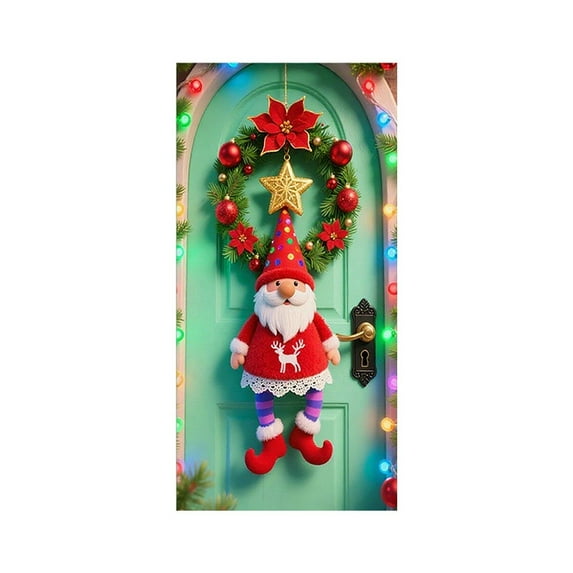 Uutvery 2025 New Christmas Door Cover Elastic, 35x72 Inch 3D Santa Claus Design Polyester Fabric, for Indoor Outdoor Front Door Decoration, Holiday Party Home Decor, Photography Backdrop