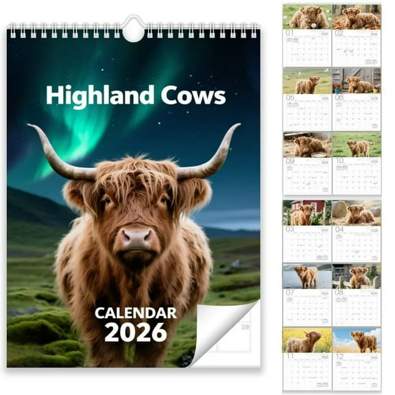 Uutvery 2026 Highland Cow Wall Calendar, Cow Themed Calendar with Large Grids, Winter Farmhouse Office Decor, Christmas Gift for Animal Lovers, 8.27x11.69 Inches