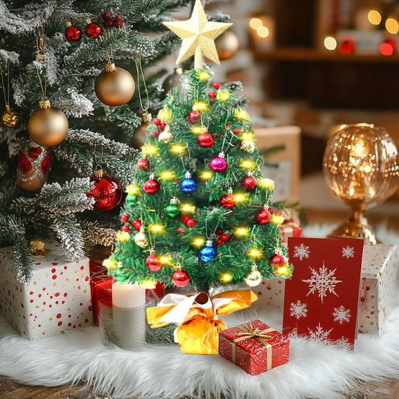 Uutvery 23.6 Inch Gold Christmas Tree with 35 Piece Ornaments Set, Mini Artificial Christmas Tree for Desktop Display, Xmas Holiday Home Party Decor with Lights