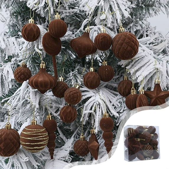 Uutvery 24Pcs Flocked Christmas Balls Ornaments 2.76 Inch Christmas Tree Decorations Hanging Balls for Holiday Home Party Wedding Decor Brown