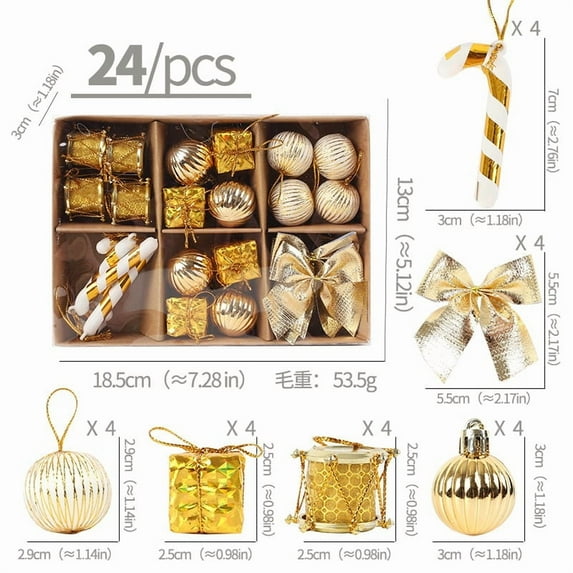 Uutvery 24Pcs Gold Christmas Ball Ornaments, 0.98-2.16 Inch Plastic Polyester Hanging Set for Xmas Tree, Gift Home Holiday Decor, Luxury Decoration Balls for Elegant Party Wedding