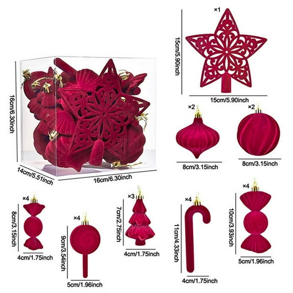 Uutvery 24Pcs Irregular Shaped Flocked Christmas Balls with Star Tree Topper Set, Unique Christmas Tree Decorations for Resort Holiday Decor