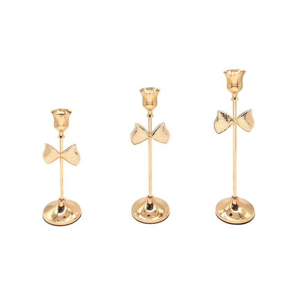 Uutvery 3 Pcs Candlestick Set with Inverted Heart Bow Design, Iron Candlestick for Romantic Table Decoration, Candlelight Dinner Props, Gold Finish