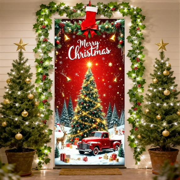 Uutvery 3D Christmas Door Cover, Front Door Hanging Decor with Snowman Santa Claus Tree, Holiday Party Backdrop Banner, Reusable Xmas Door Cover for Indoor Outdoor, 70.87x35.43 inches
