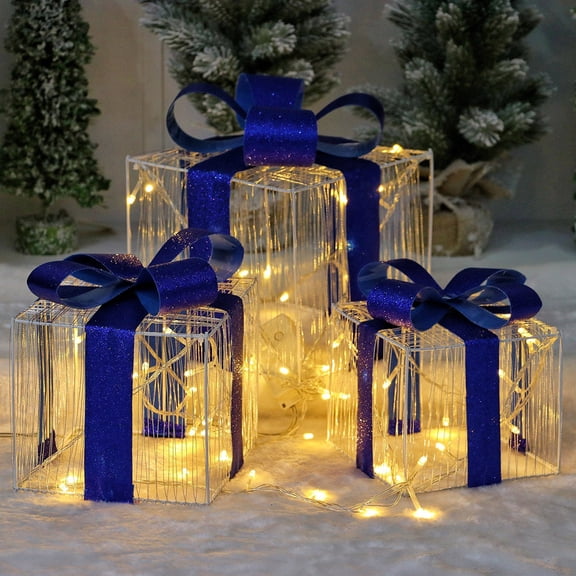 Uutvery 3Pcs Christmas Decoration Gift Box Set,Iron Luminous Lights Christmas Tree Decoration Accessories,Glowing LED Gift Boxes with Blue Bow for Shopping Mall Hotel Window Decoration