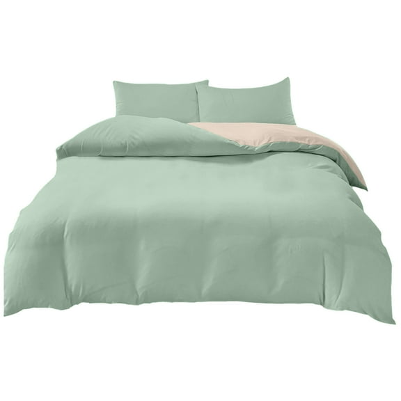 Uutvery 4-Piece Bedding Set, Soft Washed Polyester, Reversible Design, Light Green Light Camel, Includes Duvet Cover Flat Sheet and 2 Pillowcases, Full Size Bedding