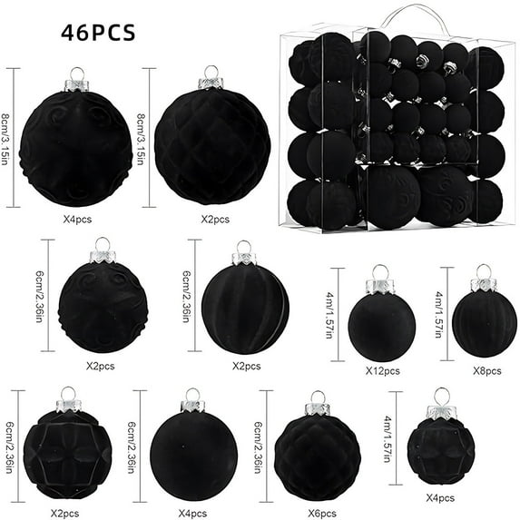 Uutvery 46Pcs Premium Flocked Velvet Christmas Tree Balls Ornaments Shatterproof Plastic Hanging Decorations Xmas Decor for Home Holiday Party Wedding Festive Decor Black