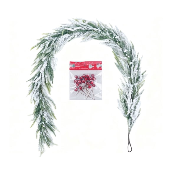 Uutvery 5.9ft Flocked Snow Christmas Garland with Red Berry Accents, Winter Frosted Rattan Strip, Vines Hanging Decor for Mantel Staircase Window Indoor Outdoor Seasonal Arrangements