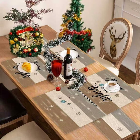 Uutvery 5 Pcs Christmas Placemats Table Flag Set, Polyester Linen Print Placemats and Runner for Christmas Party Restaurant Dining Decor, Holiday Home Table Decoration Set