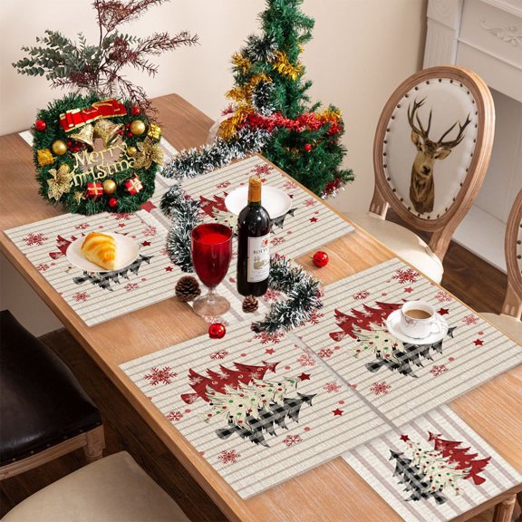 Uutvery 5 Pcs Christmas Placemats Table Flag Set, Polyester Linen Print Placemats and Runner for Christmas Party Restaurant Dining Decor, Holiday Home Table Decoration Set