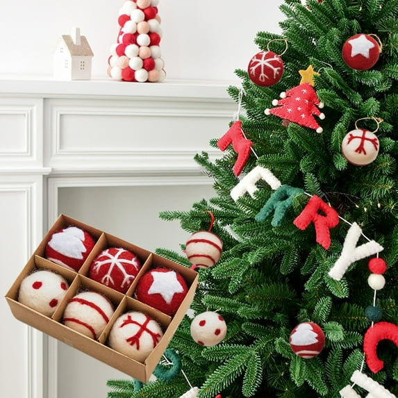 Uutvery 6Pcs Christmas Ornaments DIY Kit,1.5 Inch Christmas Felt Ornaments Balls,Xmas Tree Hanging Ornaments Felted Ball Decor,Snowflake Tree Snowman Holiday Patterns for Home Craft Decor
