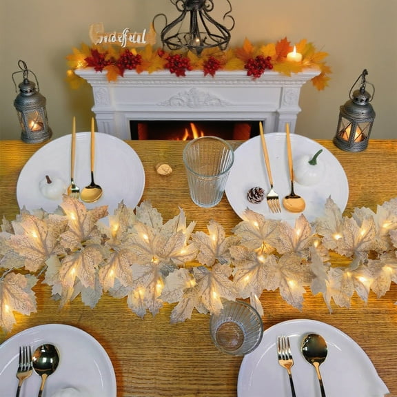 Uutvery 9.8Ft LED Light String Fabric with Maple Leaf, White Cloth Rattan with Warm Lights, for Halloween Thanksgiving Indoor Home Party Decor