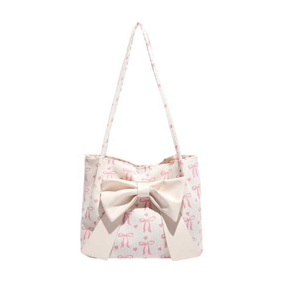 Uutvery Bowknot Canvas Shoulder Bag for Women, Polyester Tote with Decorative Bow, White Black Pink Versatile Bag, Daily Use and Travel Handbag