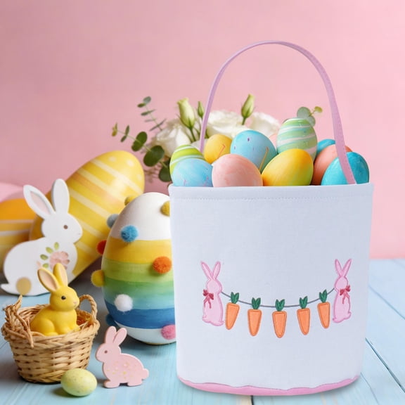 Uutvery Canvas Easter Rabbits Basket, Children’s Candy Easter Egg Handheld Bucket, Purple Pink Blue Green, Holiday Party Gift