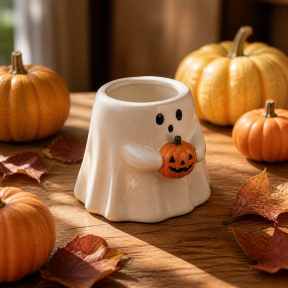 Uutvery Ceramic Ghost Light-Up Base, Halloween Tabletop Decor with Mini Pumpkin Accent, Home Desk Ornament Festive Fall Gift For Home Decor