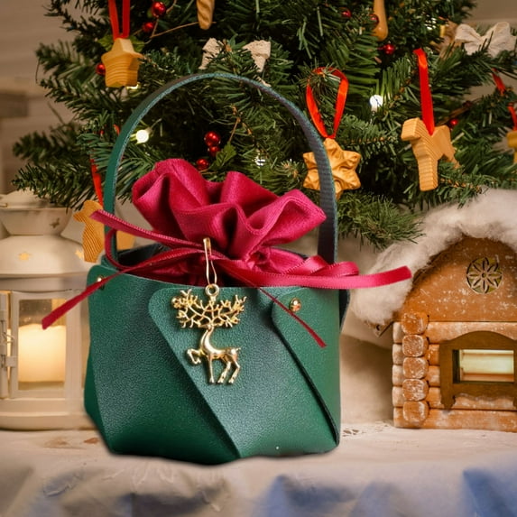 Uutvery Christmas Bag Leather Bucket,Christmas Velvet Apple Bags Gift Handbag,Christmas Eve Xmas Fruit Packaging Bags Candy Gift Tote Bags with Deer Charms,3.9x3.2 Inch