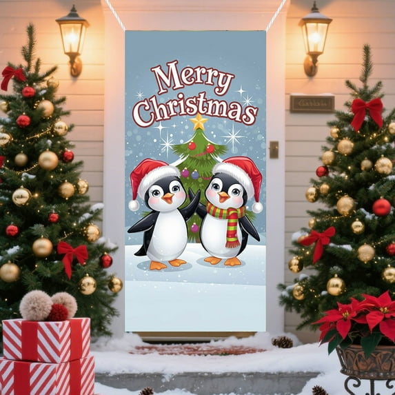 Uutvery Christmas Door Cover Large Santa Claus Xmas Decoration Double-sided Polyester Fabric for Outdoor Hanging Front Door Party Backdrop 35.4 x 70.9 Inches