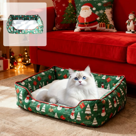 Uutvery Christmas Pet Bed for Cats Dogs, Plaid Soft Sleep Bed, Removable Enclosed Pet Nest, Washable Holiday Pet Mat, Red Green