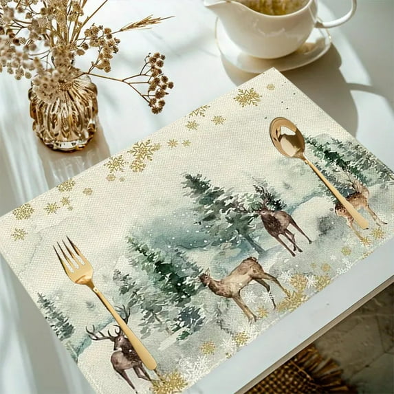 Uutvery Christmas Polyester Linen Placemats with Heat Insulated Dirt Resistant for Christmas Party Kitchen Dining Room Decor, Holiday Home Decoration