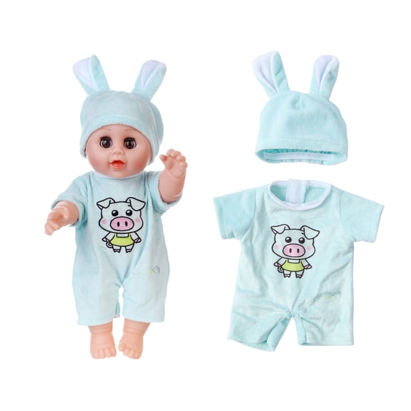 Uutvery Doll Clothes, Blue Pig Pattern Cotton Outfit, Reborn Doll Costume for 12In Simulation Doll, Elastic Design Holiday Gift