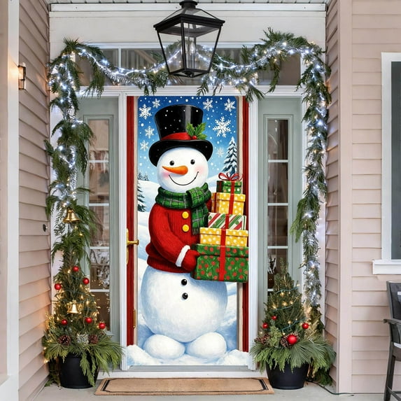 Uutvery Double-Sided Polyester Fabric Christmas Door Cover 35x71 Inch With Santa Claus Pattern For Front Door Decor During Christmas Holidays And Winter Parties