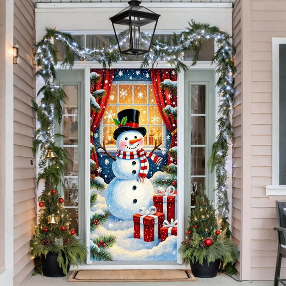 Uutvery Double-Sided Polyester Fabric Christmas Door Cover 35x71 Inch With Santa Claus Pattern For Front Door Decor During Christmas Holidays And Winter Parties