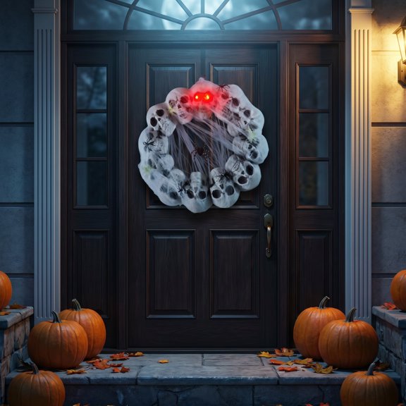 Uutvery Dramatic Skull and Spider Web Wreath with Illuminated Red Eyes for Front Door Display, Event Backdrops and Gothic Interior Statement Pieces