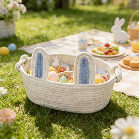 Uutvery Easter Bunny Ear Storage Basket, Woven Rope Organizer for Makeup Keys Snacks, Holiday Home Decor Gift Basket