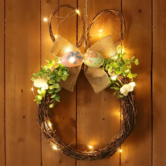 Uutvery Easter Bunny Floral Wreath with LED Lights, Battery Operated Spring Wreath for Front Door Wall, Artificial Flower Decor for Home Party, 15x11 Inches