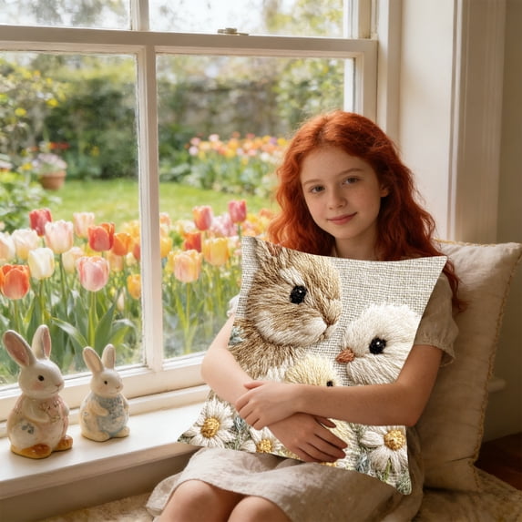 Uutvery Easter Bunny Pillow Cover, Faux Embroidery Printed Linen Cushion Cover, Decorative Throw Pillow Case Sofa Bed, 17.72x17.72 Inches