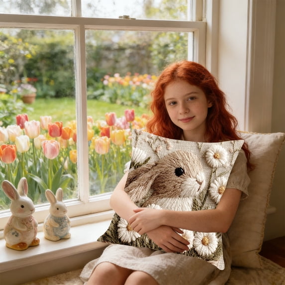 Uutvery Easter Bunny Pillow Cover, Faux Embroidery Printed Linen Cushion Cover, Decorative Throw Pillow Case Sofa Bed, 17.72x17.72 Inches