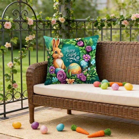 Uutvery Easter Bunny Print Pillowcase, Machine Washable Polyester Pillow Cover, Fade Resistant Indoor Outdoor Decor, Holiday Home Decor For Sofa Bed Chair