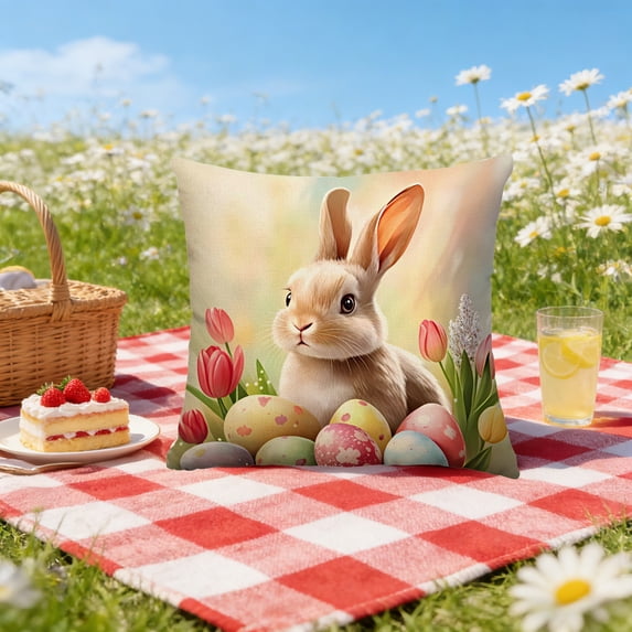 Uutvery Easter Bunny Print Pillowcase, Machine Washable Polyester Pillow Cover, Fade Resistant Indoor Outdoor Decor, Holiday Home Decor For Sofa Bed Chair