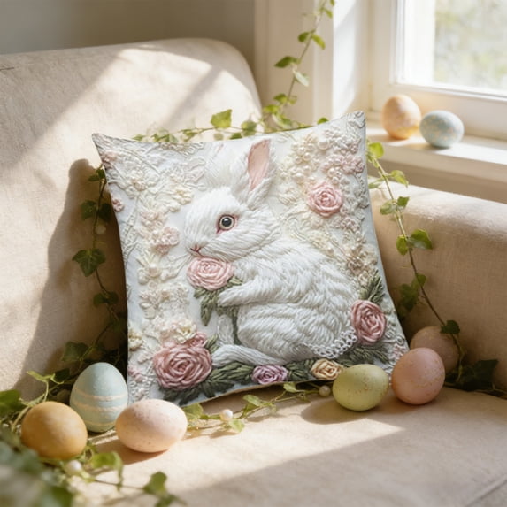 Uutvery Easter Decorative Pillow Cover, 3D Faux Embroidery Printing Bunny Motifs, Soft Polyester Cushion Case Sofa Bed, 17.72x17.72 Inches