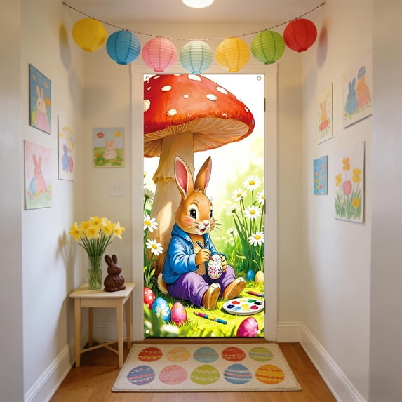 Uutvery Easter Door Cover, Polyester Holiday Door Curtain with Festive Pattern, Wall Decoration for Home Party, Seasonal Decor, 35.43x70.87 Inches