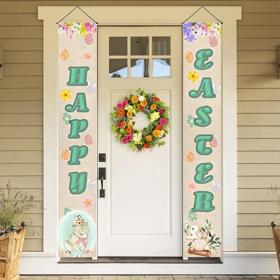 Uutvery Easter Egg Bunny Themed Couplets, Set of 2 Polyester Door Banners 30x180cm, Holiday Home Shop Event Decorations, Wall Door Decor 11.81x70.87 Inches