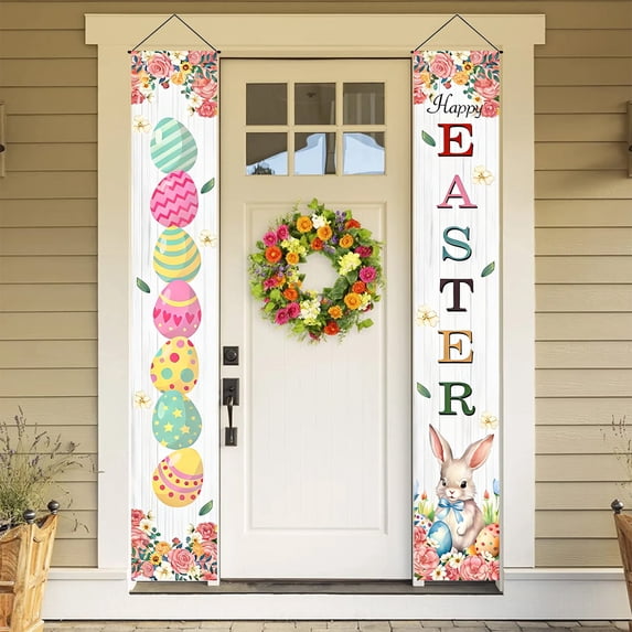 Uutvery Easter Egg Bunny Themed Couplets, Set of 2 Polyester Door Banners 30x180cm, Holiday Home Shop Event Decorations, Wall Door Decor 11.81x70.87 Inches