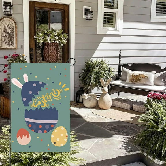 Uutvery Easter Garden Flag with Bunny Eggs, Polyester Fabric Patio Yard Decoration, Weather Resistant Welcome Flag for Doorstep Courtyard, 17.7x11.8 Inches
