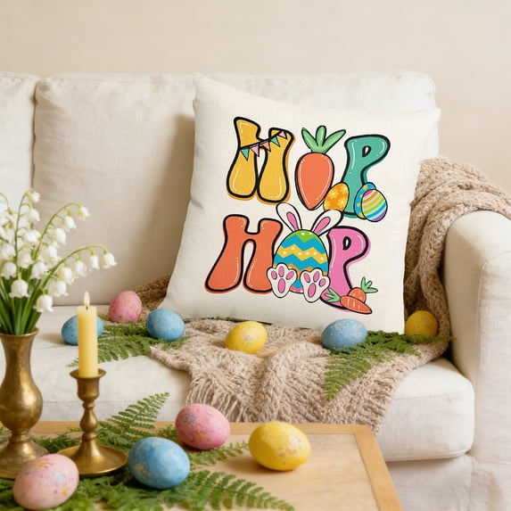 Uutvery Easter Pillow Cover, Rabbit Egg Design Imitation Linen Cushion Case, Sofa Bedhead Home Decoration, 17.72x17.72 Inches