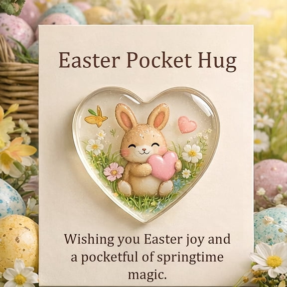 Uutvery Easter Pocket Heart Ornament with Card, Mini Spring Holiday Gift, Bunny Flower Egg Themed Decor for Keepsake Shelf, Festive Souvenir