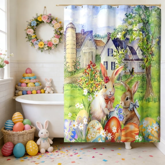 Uutvery Easter Shower Curtain with 12 Hooks, Waterproof Polyester Bathroom Decor No-Drill Installation, Holiday Motif Bath Tub Curtain, Hotel Home Bathroom Decor