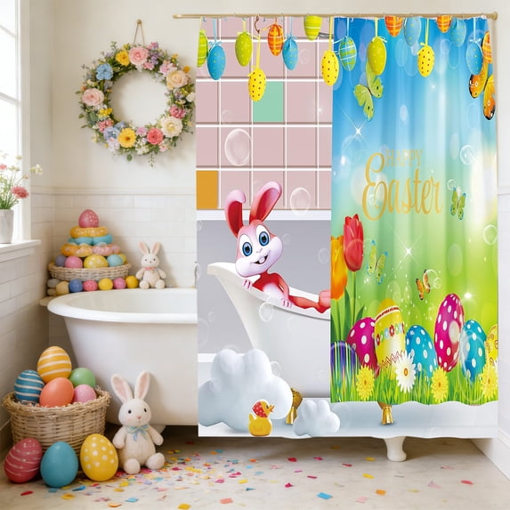 Uutvery Easter Shower Curtain with 12 Hooks, Waterproof Polyester Bathroom Decor No-Drill Installation, Holiday Motif Bath Tub Curtain, Hotel Home Bathroom Decor