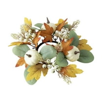 Uutvery Fall Pumpkin Maple Leaf Berry Candle Ring Decor Autumn Candle Rings Thanksgiving Day Ring Holder Wreaths Pillar Candle Holder for Wedding Thanksgiving Halloween Tabletop Decoration