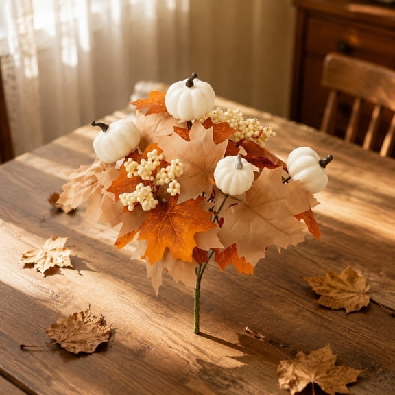 Uutvery Fall Tabletop Decor Accents — 4 Assorted Styles with Mini Pumpkins | Self-Standing Maple & Oak Leaf Pieces in Pink, Orange, Cream | Reusable Plastic for Table, Mantel, Shelf