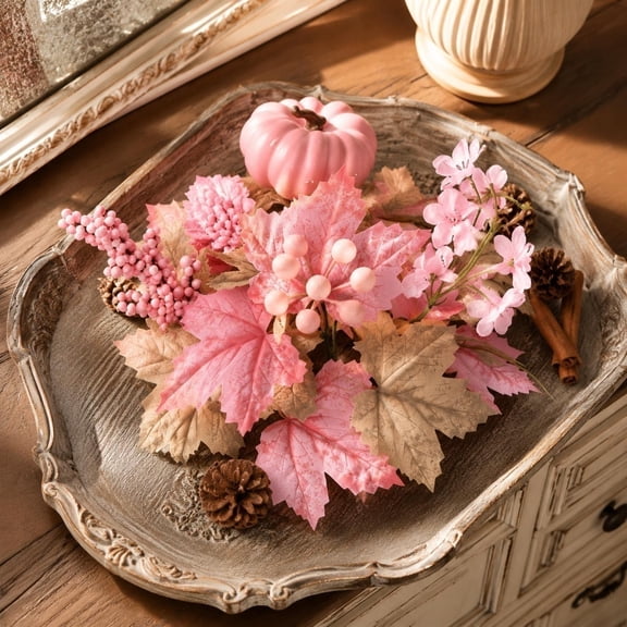 Uutvery Fall Tabletop Decor Accents — 4 Assorted Styles with Mini Pumpkins | Self-Standing Maple & Oak Leaf Pieces in Pink, Orange, Cream | Reusable Plastic for Table, Mantel, Shelf