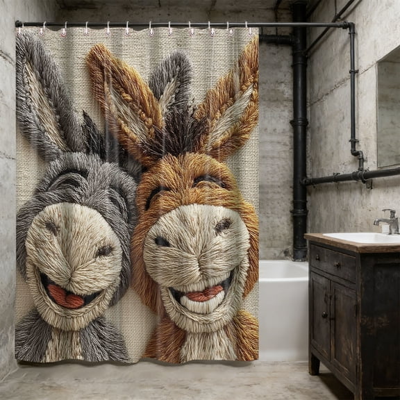Uutvery Faux Embroidery Printed Shower Curtain, 70.87x70.87 Inch Animal Series Waterproof Curtain, No Punch Hanging Bathroom Curtain with Hooks, Donkey Poodle Owl
