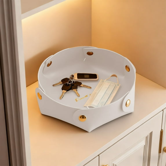 Uutvery Faux Leather Storage Tray, Foldable Multipurpose Organizer Box for Desk Vanity, Gold Foil Accents Decorative Tray, 4.92 Inches Diameter