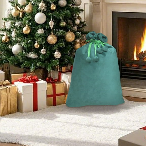 Uutvery Festive Drawstring Gift Bag, Pom Pom Detail Decorations, Multi-Colored Holiday Storage, Spacious Gift Container, Durable Cloth Material, 27.56x19.69 inches