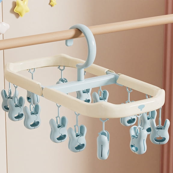 Uutvery Foldable Clothes Drying Rack with Clips, Multi Functional Plastic Hanger Organizer, 14 Secure Windproof Clips for Pants Socks, 6.4x5.3x1.1 Inches